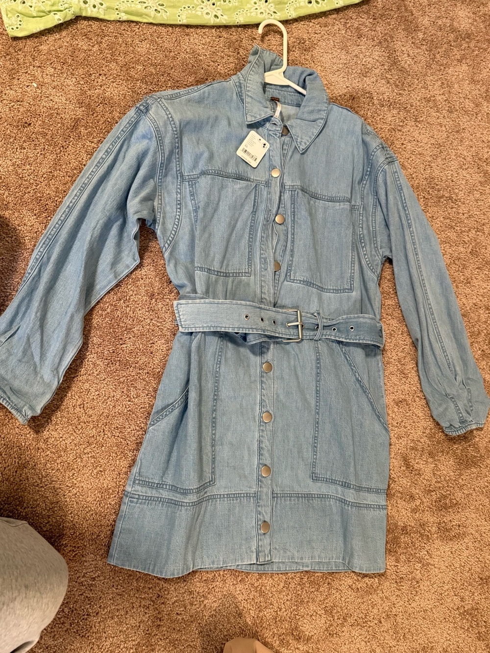 Free People Light Blue Denim Button-Front Belted Dress
